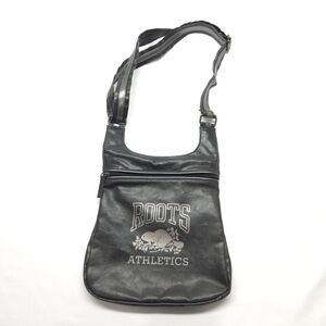 Roots Athletics Black Crossbody Messenger Bag Faux Leather PVC Beaver Logo Y2K